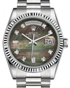 Rolex Day-Date 36 White Gold Black Mother of Pearl Diamond Dial & Fluted Bezel President Bracelet 118239