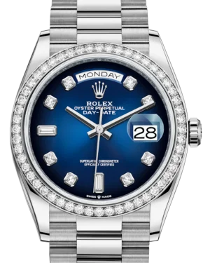 Rolex Day-Date 36 White Gold Blue Ombre Diamond Dial & Diamond Bezel President Bracelet 128239RBR